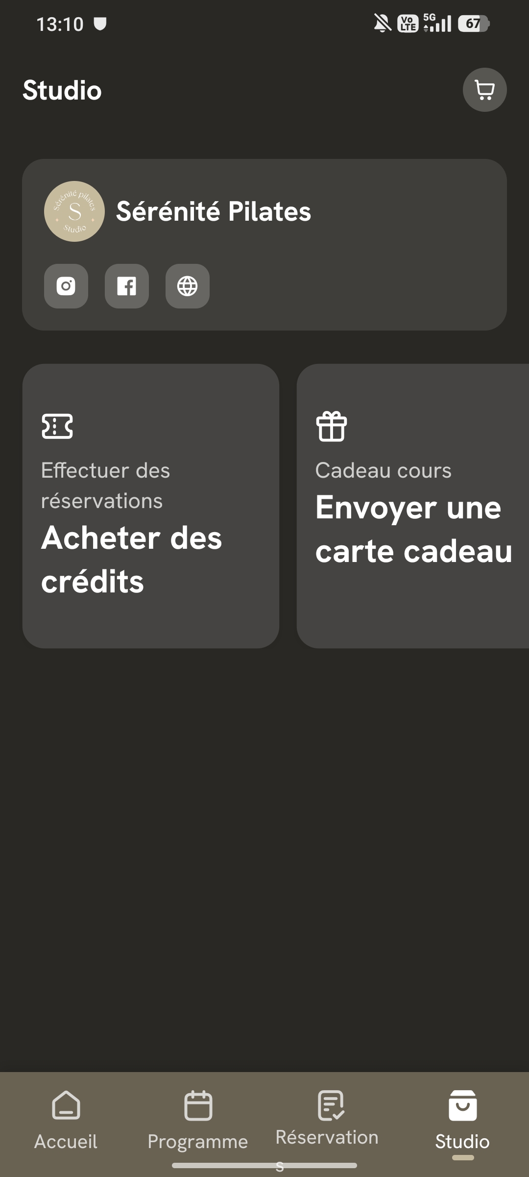 Application Sérénité Pilates - espace studio et achat de crédits